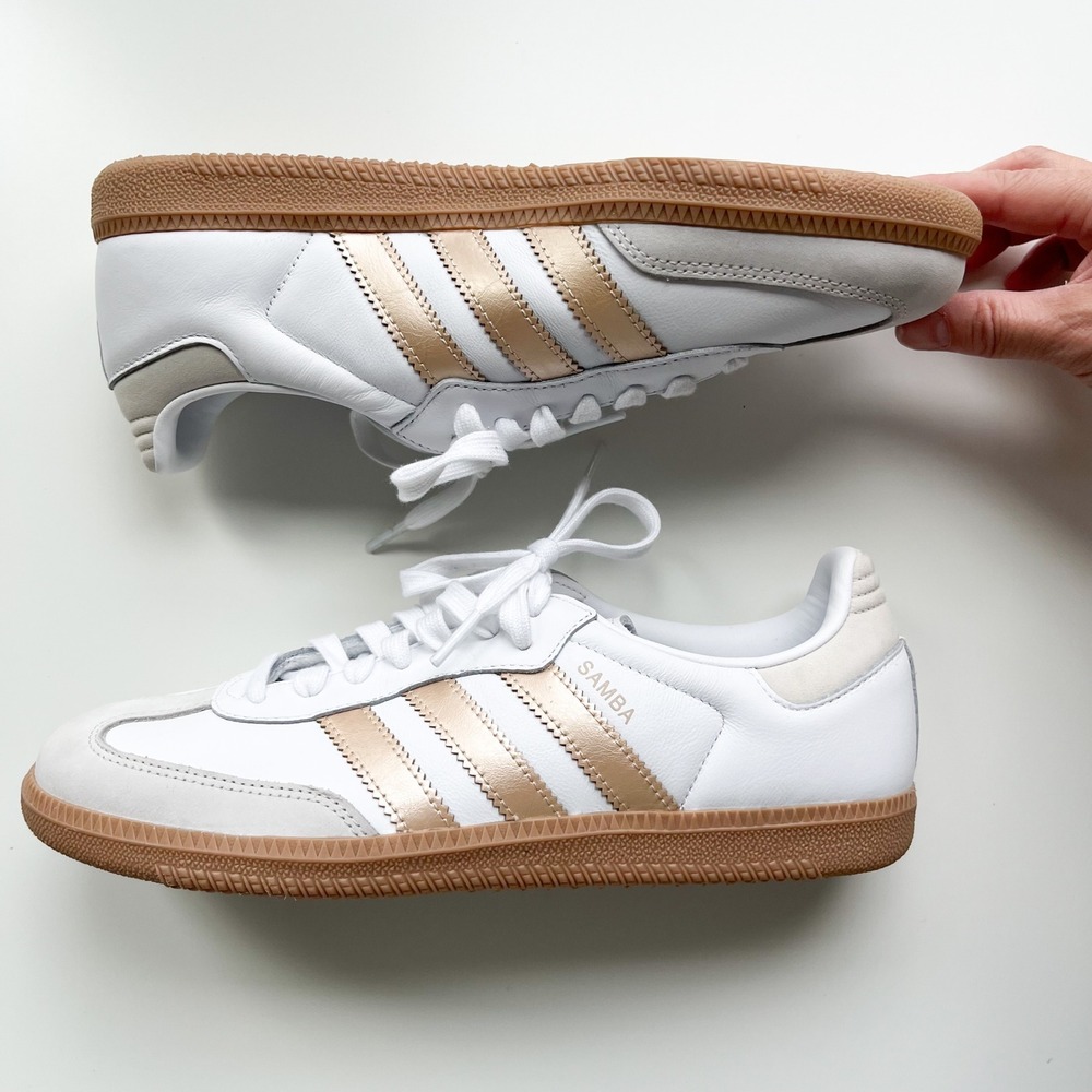 Adidas Sambas OG Sneaker Shoes Womens 8.5 White Gold Metallic - Picture 2 of 8